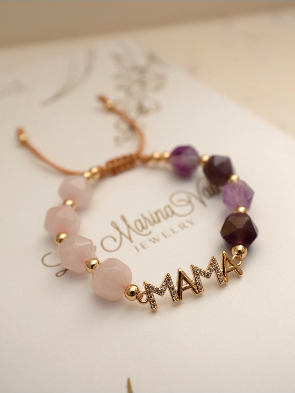 LMV jewelry 'MAMA' Beaded Bracelet in Pink and Purple quartz.